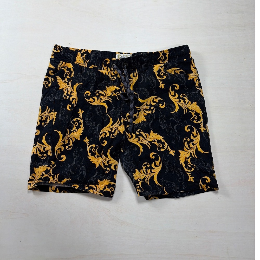 Fresh Prints of Bel-Air Mens XL Black Gold Baroque Filigree Stretch Twill Shorts